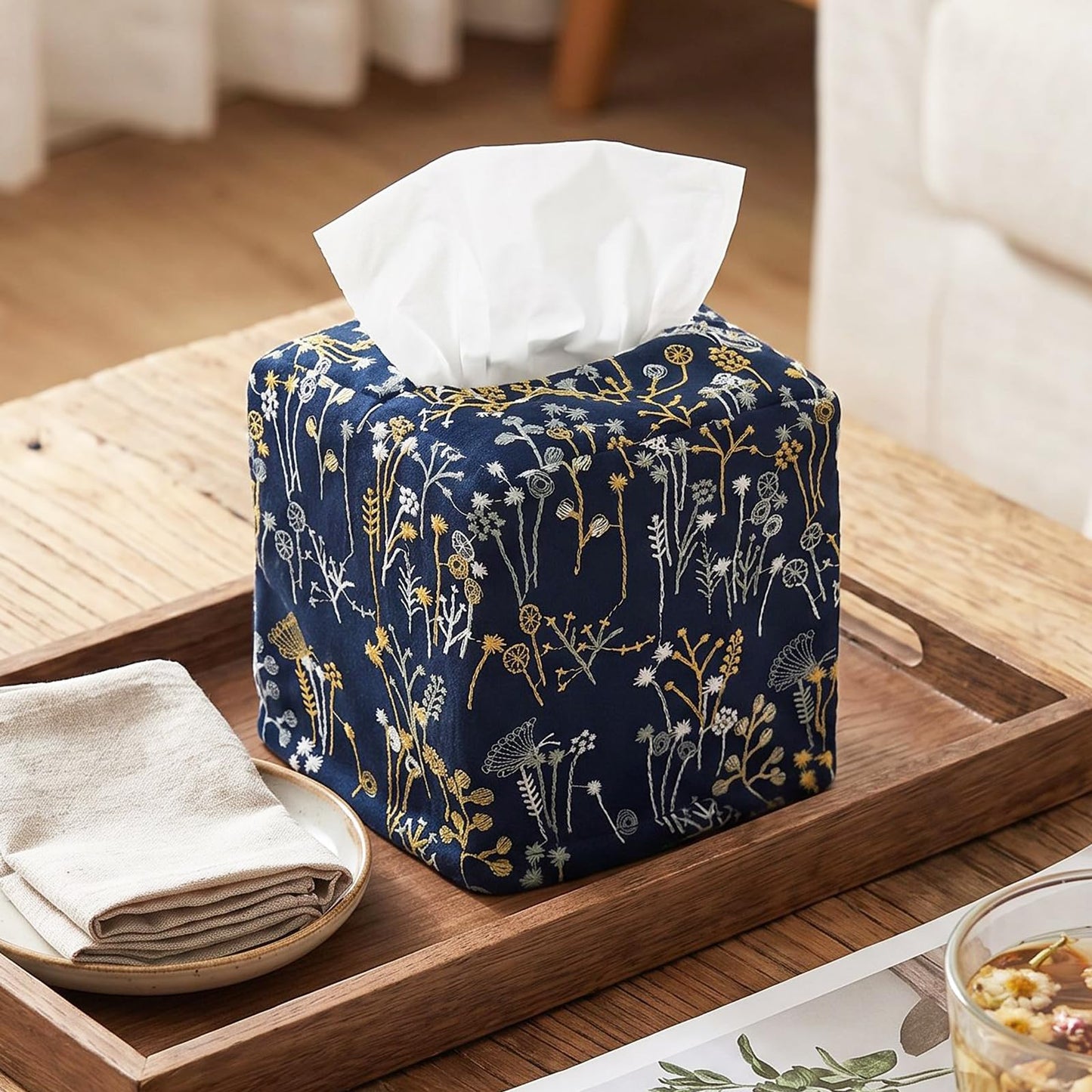 Hausfrau Tissue Box Cover Square, Floral Linen Tissue Box Holder Decorative Cute Cube Napkin Holder for Living Room, Bathroom, Bedroom or Office, Embroidered Jacquard Blue Floret