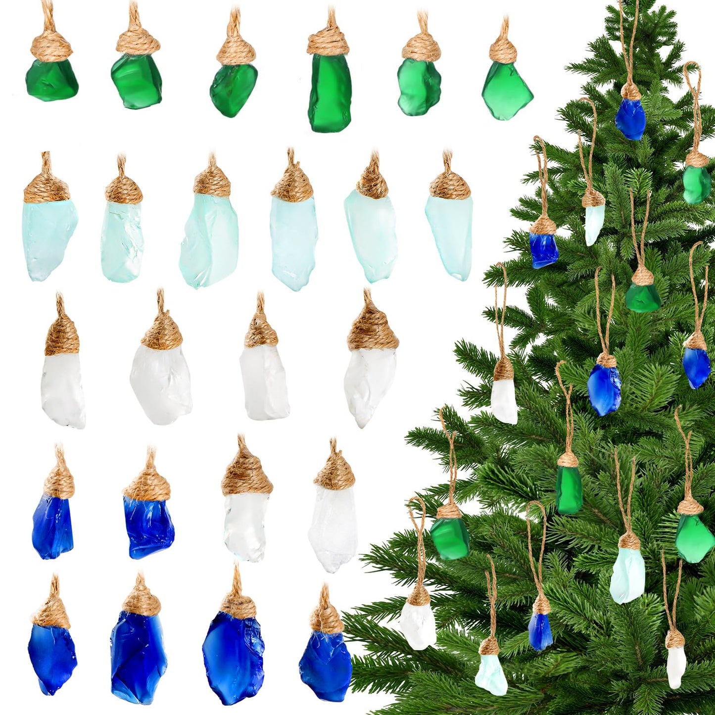 24Pcs Handmade Christmas Sea Glass Block Ornament Pendant, Sea Glass Crafts Coastal Decorative, Beach Seaglass Hanging Ornament Sets for Christmas Tree, Centerpiece, Home Decor Beach Weddings and More