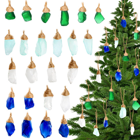 24Pcs Handmade Christmas Sea Glass Block Ornament Pendant, Sea Glass Crafts Coastal Decorative, Beach Seaglass Hanging Ornament Sets for Christmas Tree, Centerpiece, Home Decor Beach Weddings and More