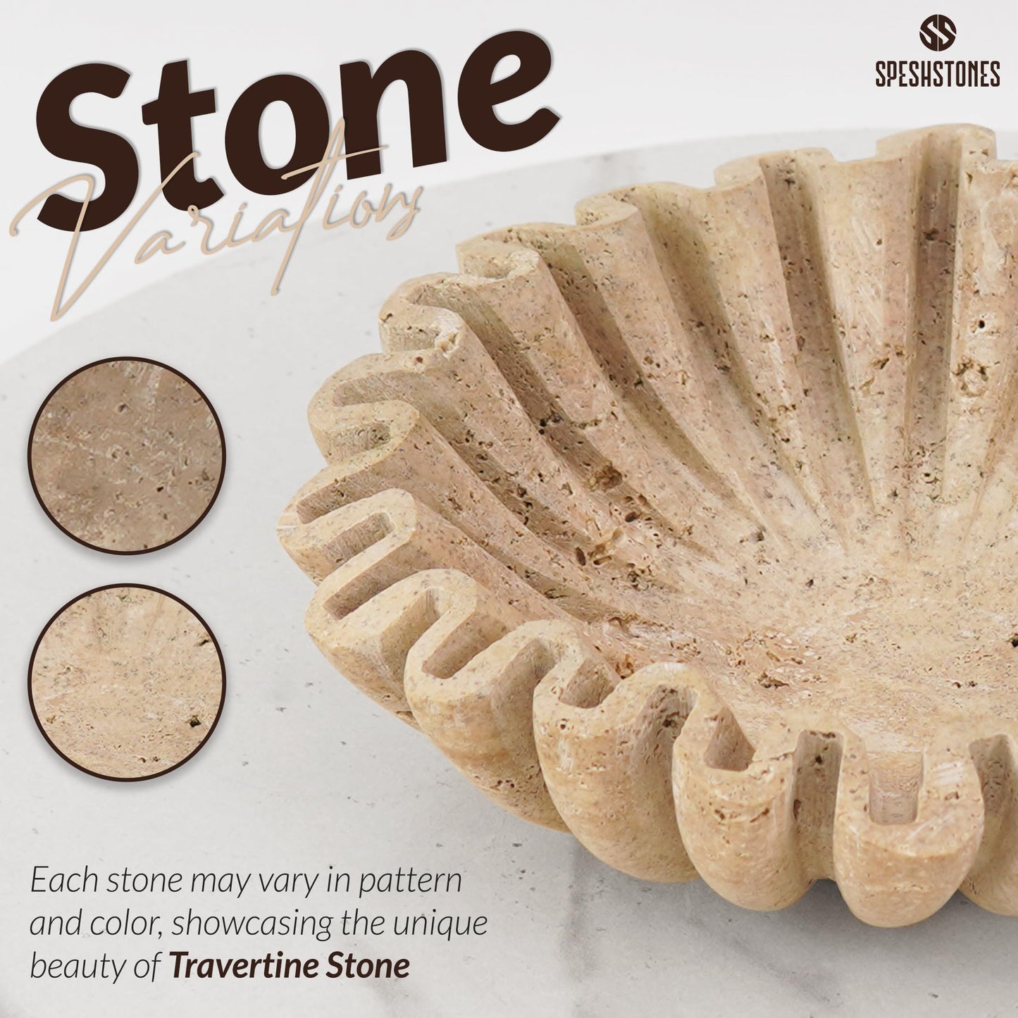 SPESHSTONES Marble Scalloped Bowl Handmade 8 Inch Travertine Ruffle Bowl, Fruit Bowl for Kitchen Counter, Large Decorative Bowls for Housewarming Gifts, Modern Fluted Bowl for Home Decor