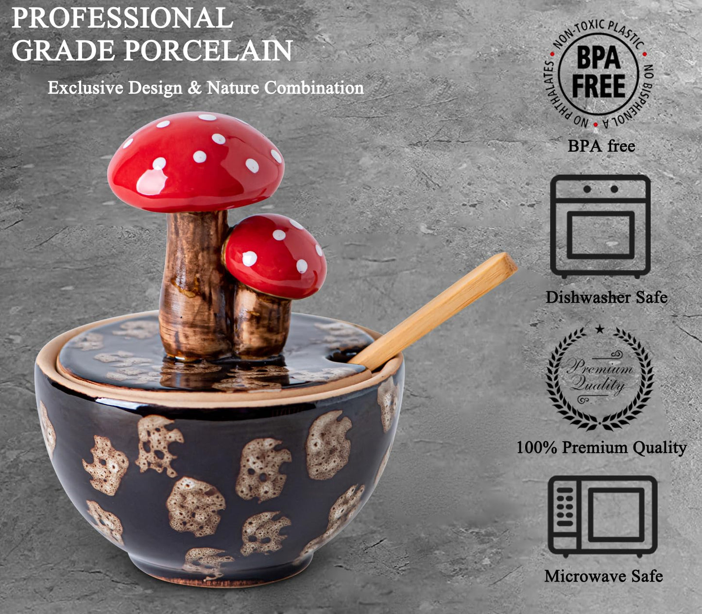 Brown Ceramic Mushroom Salt Cellar With Lid and Bamboo Spoon