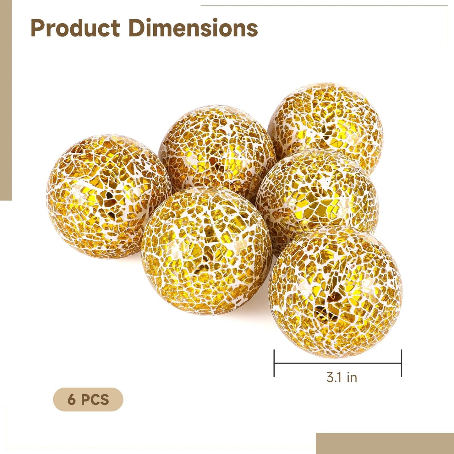 Calolin 6 PCS Golden Mosaic Glass Balls, 3.1 in Decorative Orbs Sphere Balls for Bowls, Vases, Table Centerpieces, Shiny Mosaic Decorative Balls for Living Room, Dining Table, Party Home Decor