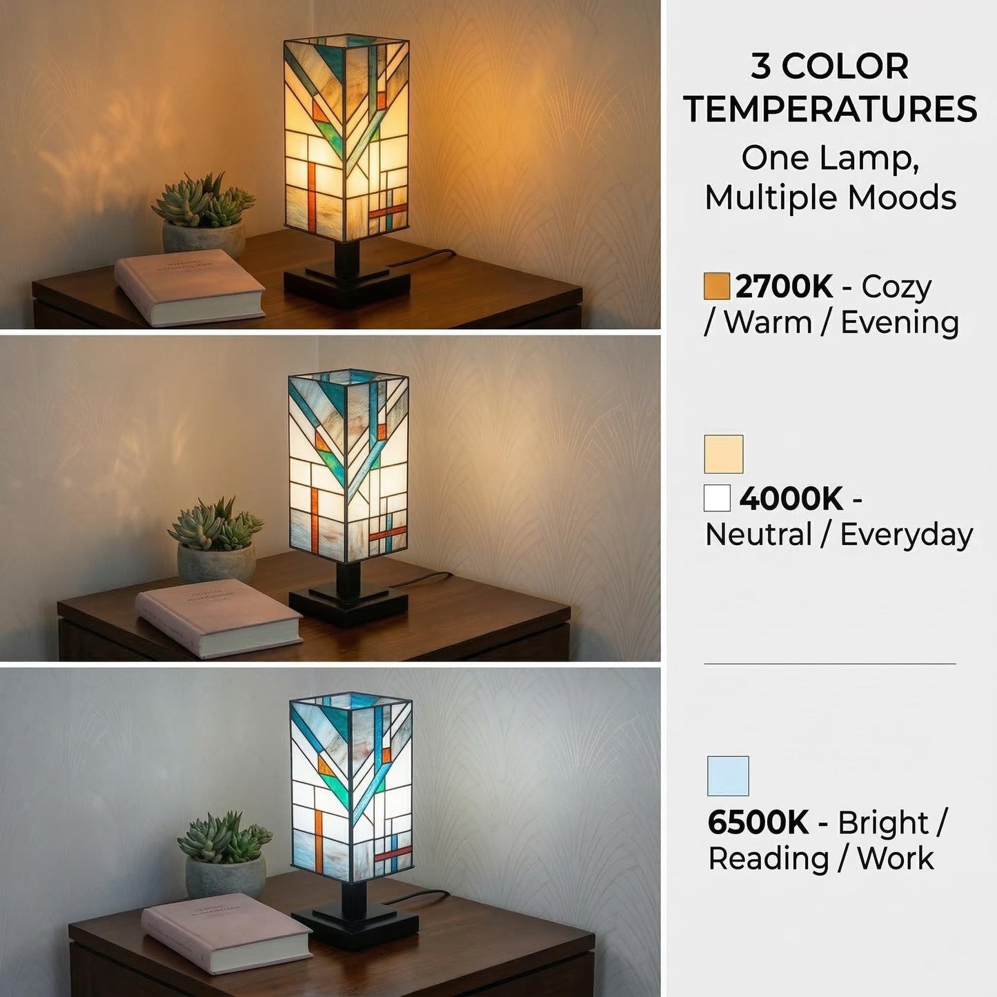 NOCTAVERA Tiffany-Style Table Lamp, Mission-Design Stained Glass