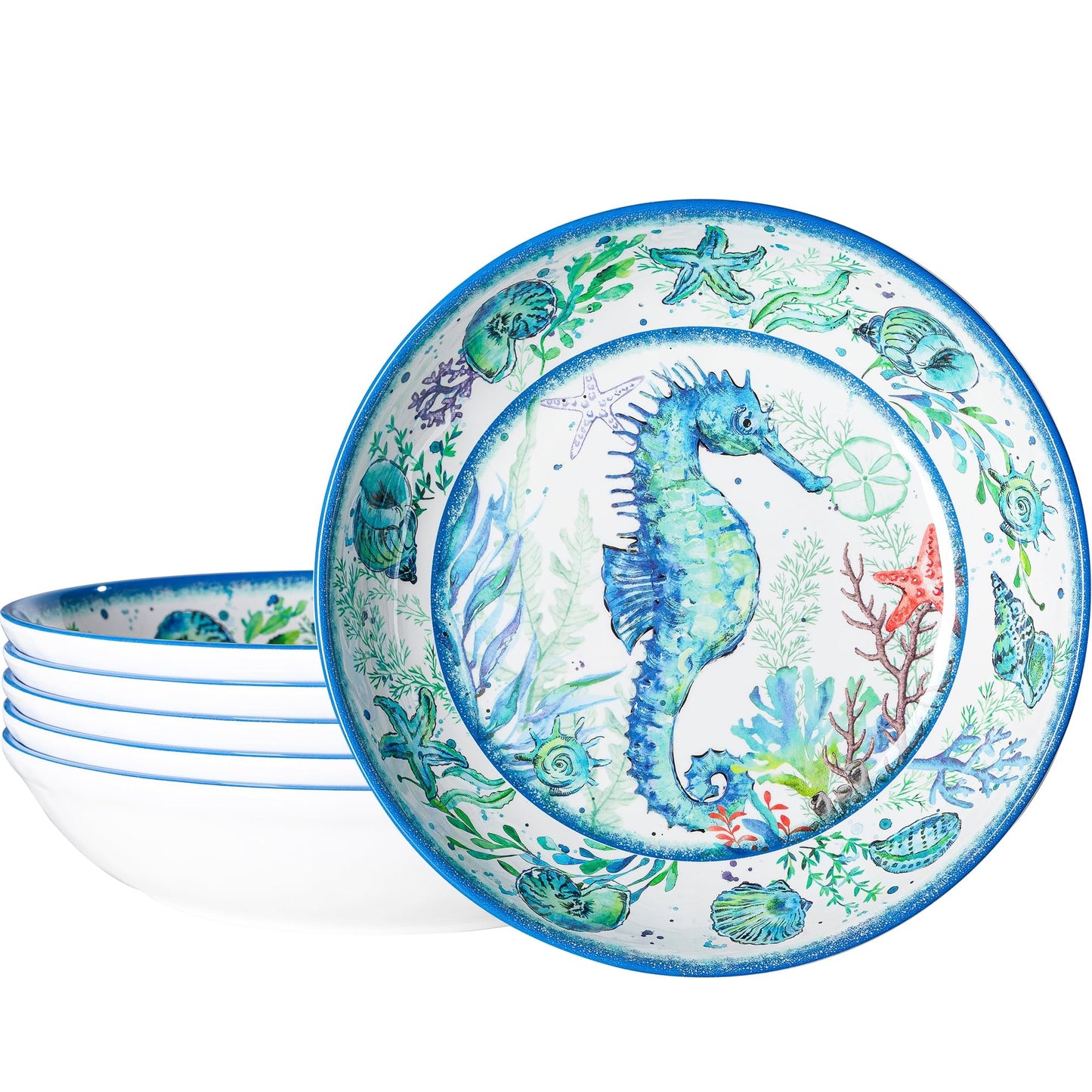 LEHAHA Melamine Pasta Bowls, Set of 6 9.25 inches 42 OZ Large Salad Serving Bowls, Coastal Melamine Dinner Deep Plates, Lightweight Soup/Cereal/Noodle Bowls set, Dishwasher Safe,Oceanic Design…