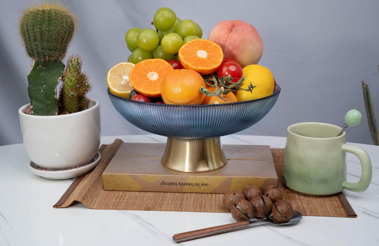 Round Glass Decorative Bowl (Blue), 9.8 Inches Handblown Striped Design Glass Bowl with Rust Resistant Metal Base,Decor Fruit Bowl for Home Decor,Table Centerpiece,Kitchen Island and Dining Decor