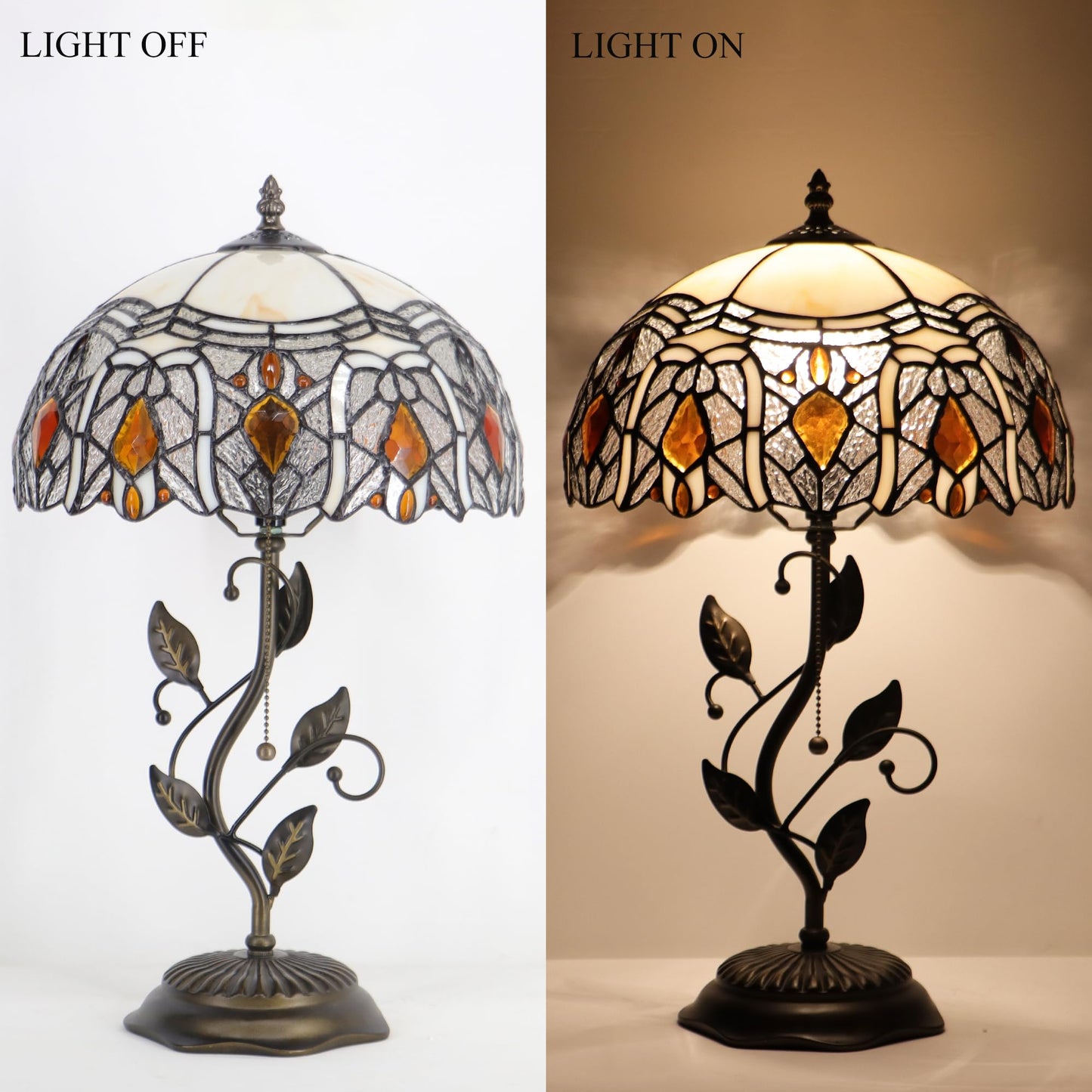 HZYFFYU Tiffany Table Lamp Stained Glass Desk Lamp Metal Leaf Base Reading Light 12X19 Inch (Crystal Style)