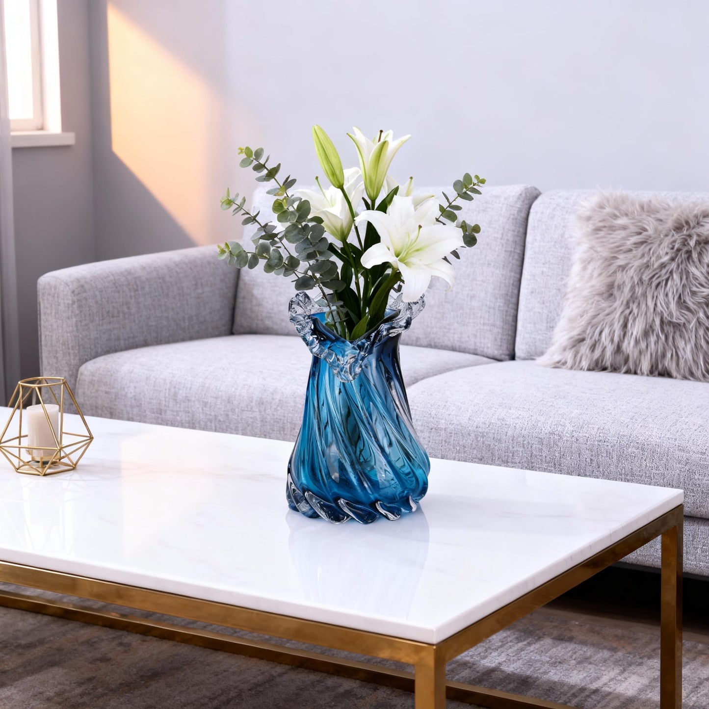 Hand-Blown Blue Glass vase, Wide-Mouth Decorative vase, Blue Glass vase, Suitable for centerpieces on Dining Tables, Living Room Coffee Tables, TV Stands, entryway Decor, and Office Desk Accents.(S)