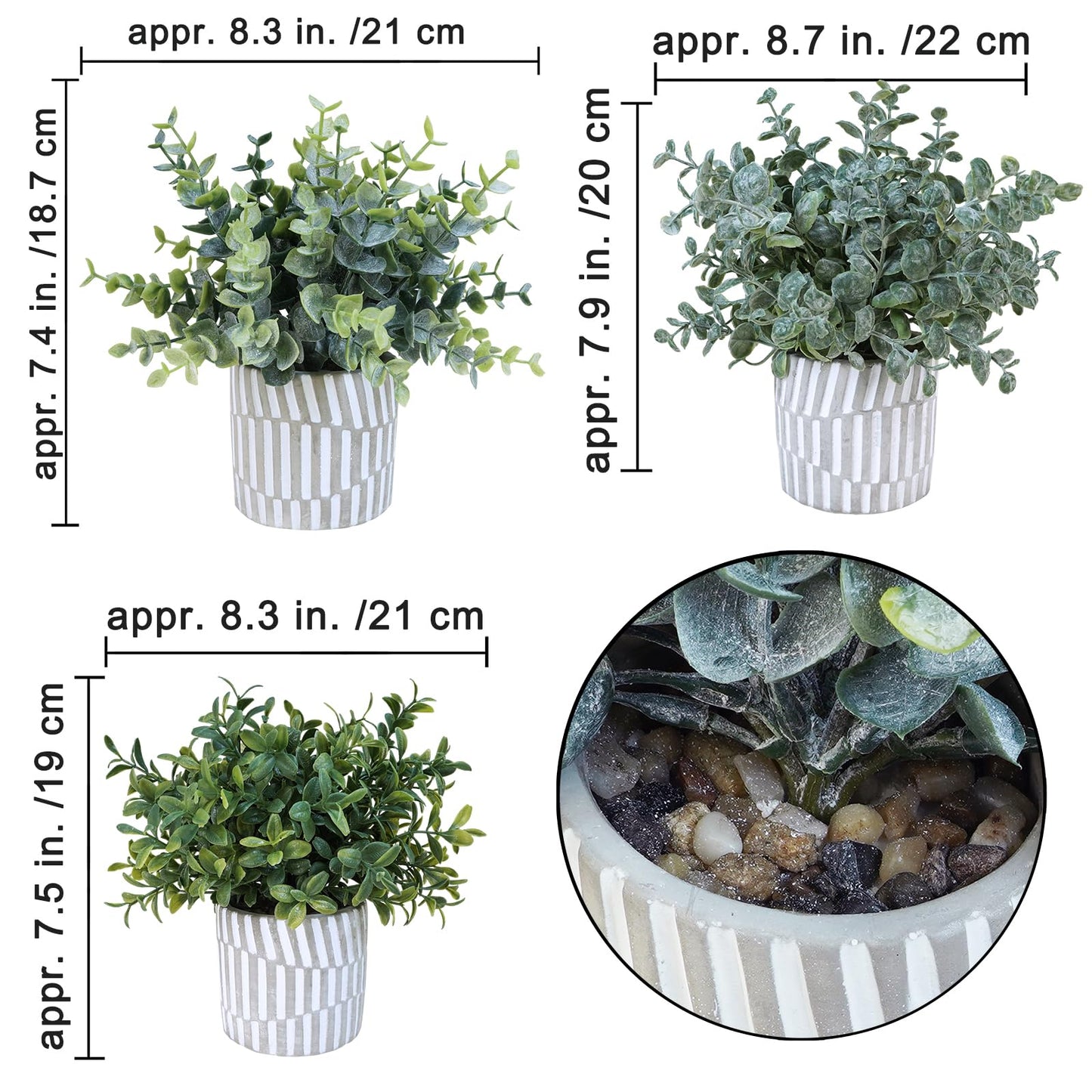 Winlyn 3 Pcs Artificial Eucalyptus Boxwood Plants in Grey Textured Cylinder Concrete Planter Pots Small Potted Plants Faux Greenery Decorations for Modern Farmhouse Home Office Bookshelf Tabletop