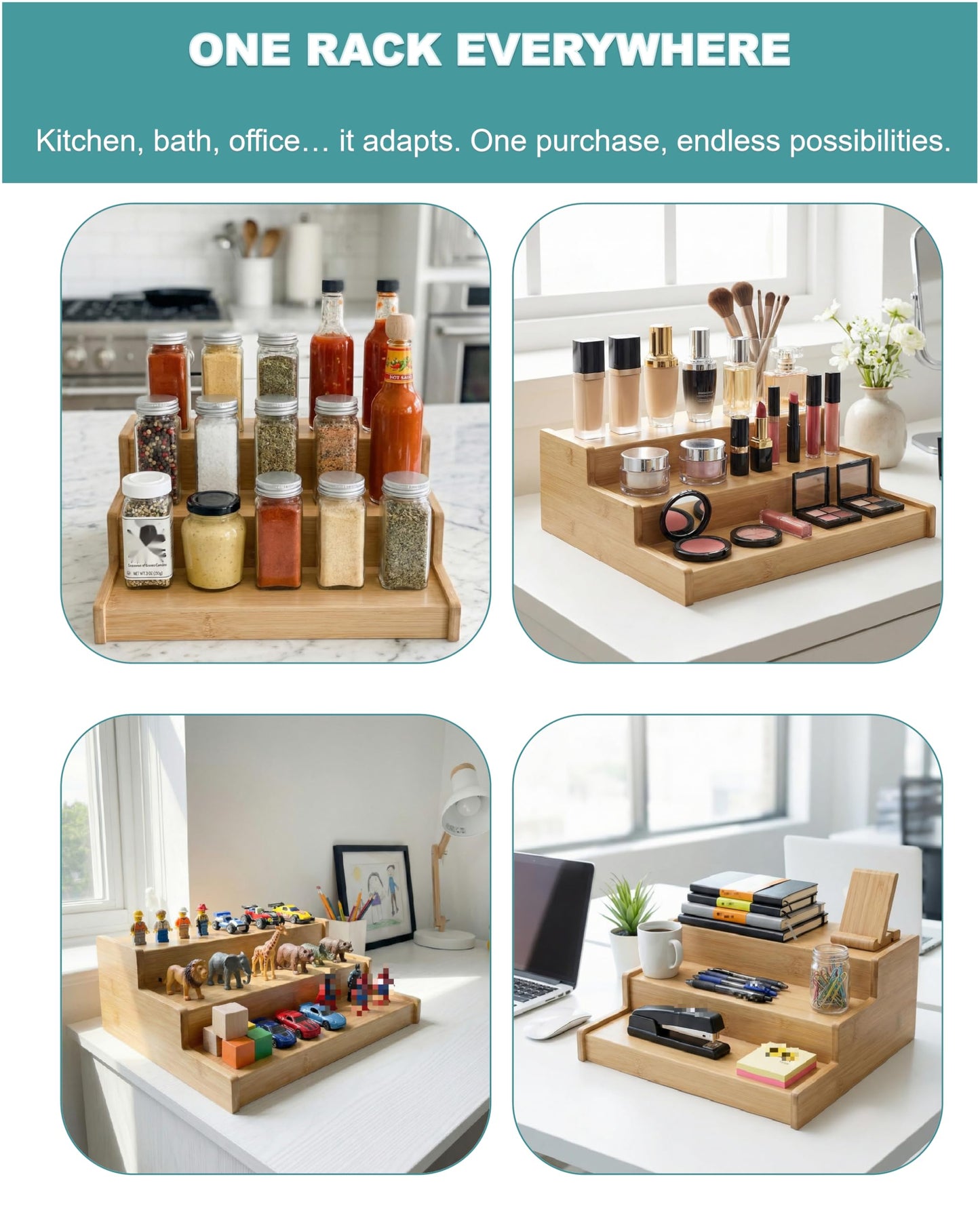 3-Tier Expandable Bamboo Spice Rack,Spice Organizer for Cabinet, Adjustable 12"-24" Wide Storage Shelf for Countertop, Pantry & Cupboard, Natural Wood Kitchen Organization,No Assembly