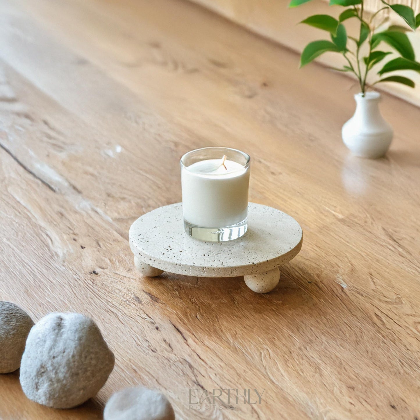 100% Natural Travertine Footed Tray – Round Stone Display Pedestal Stand Riser with 3 Ball Legs, Neutral Decorative Catchall for Vanity, Kitchen, Bathroom, Living Room, Soap, Perfume, Candle, 7.9''