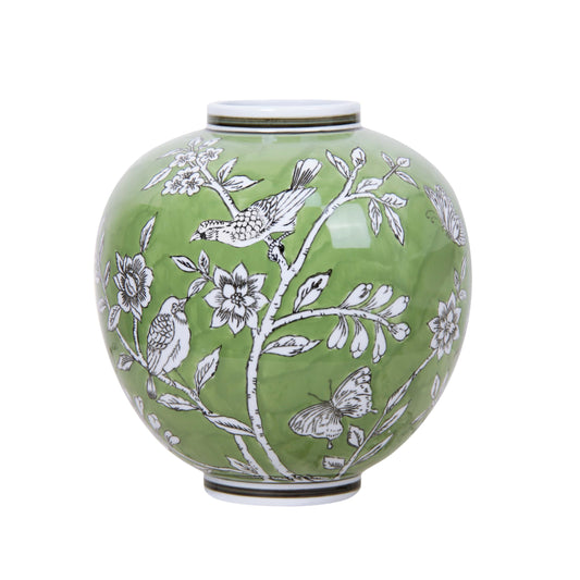 Large Ceramic Vase, 10.8 Inch Green Decorative Vases for Living Room, Hand-Painted Chinoiserie Decor Round Vase with Antique Floral-Bird Pattern, Porcelain Vase for Flowers Arrangement