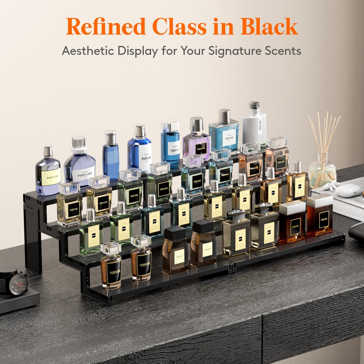 Lifewit Spice Rack, Perfume Cologne Organizer, Cupcake Stand, Tool-Free Assembly, Display Riser Shelf, Seasoning Figurine Makeup Holder, Room Decor, Kitchen Cabinet Storage, Black, 12in-4 Tier, 2 Pcs