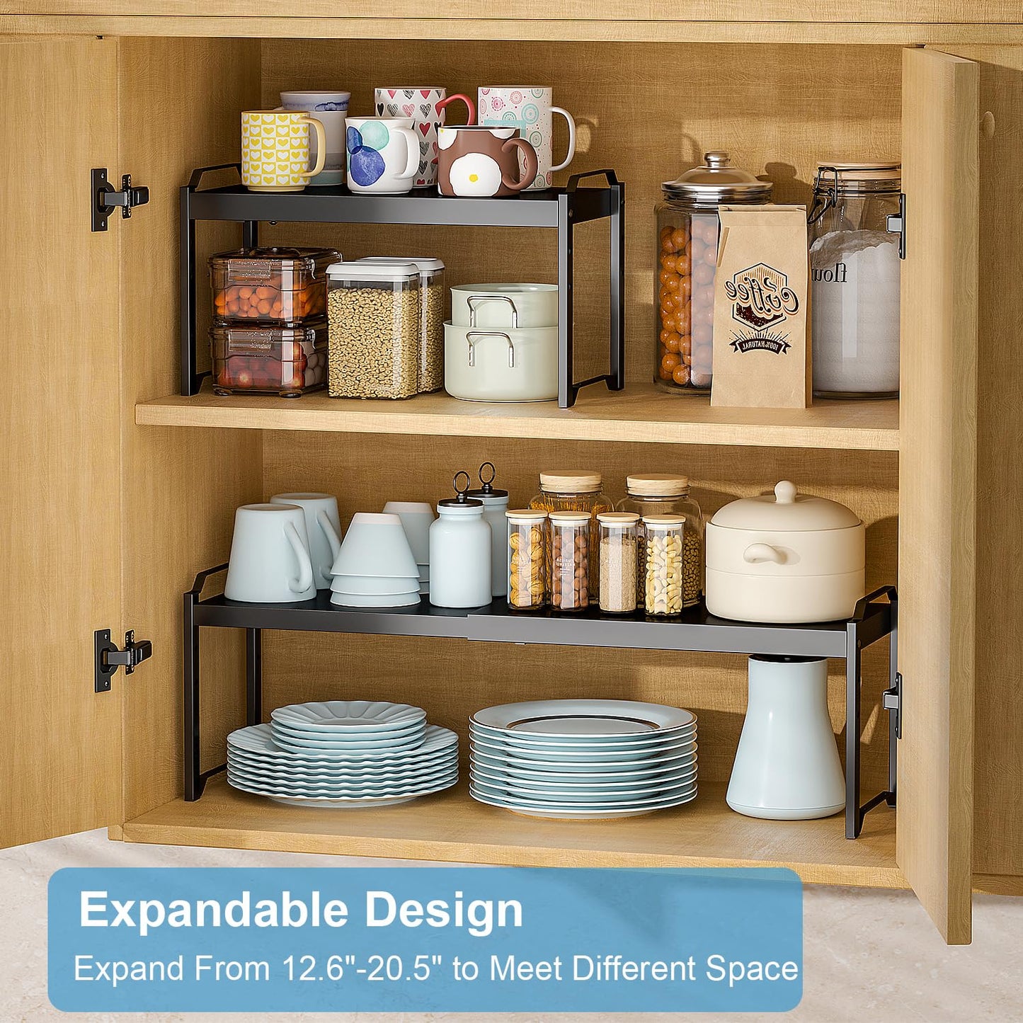 2 Pack Expandable Cabinet Countertop Shelves, Stackable Shelves Organizers For Kitchen Cabinet Countertop Storage, Adjustable Counter Cupboard Pantry Organizer Shelf Rack Stand, Length:20.5"