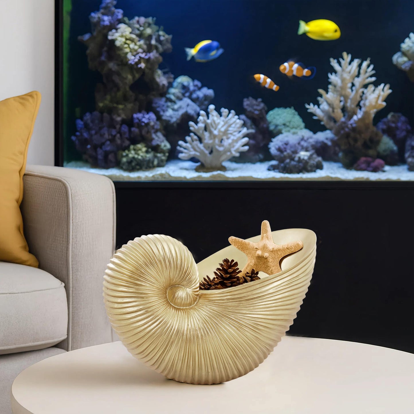 Dwelloria Gold Nautilus Shell Resin Sculpture – Coastal Sea Shell Statue for Home Décor, Modern Ocean Inspired Nautical Art Accent for Shelf, Mantel or Tabletop (Gold Nautilus)