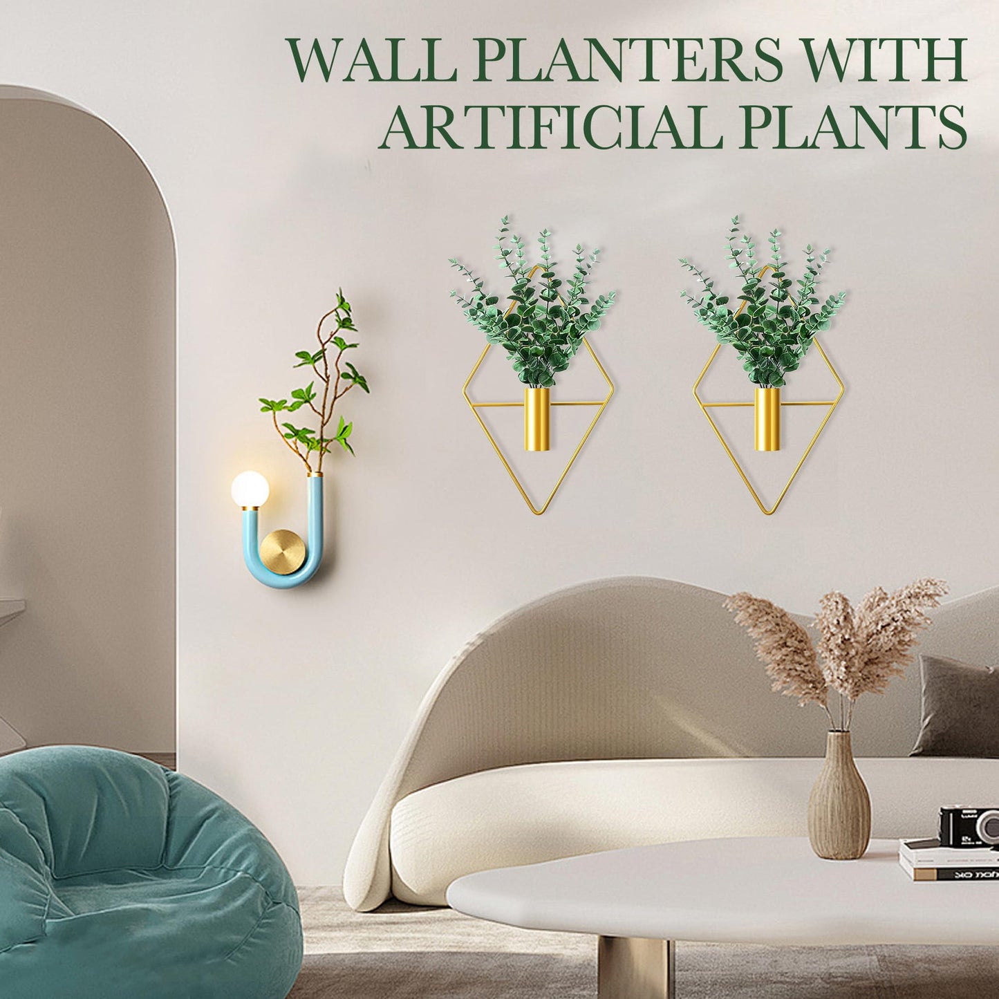 LZRHORR 2 Pack Gold Wall Decor Hanging Planters with Artificial Plants Metal Hanging Vase Indoor Plants Holder Modern Boho Wall Art for Bathroom Bedroom Living Room Office (Gold, Eucalyptus)