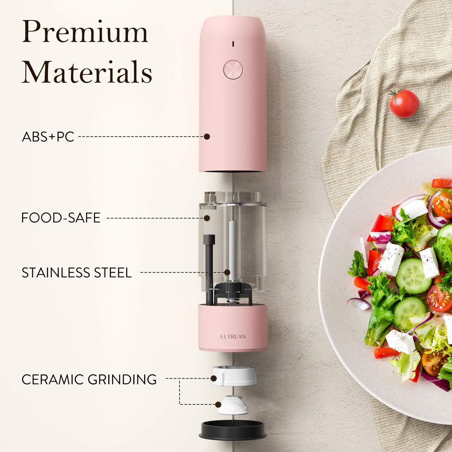 Ultrean Pepper Grinder, Rechargeable Salt and Pepper Grinder with 6 Adjustable Coarseness, LED Light, Automatic Grinder for Kitchen, Cooking Gifts for Women Valentines Day Gifts for Her, Pink