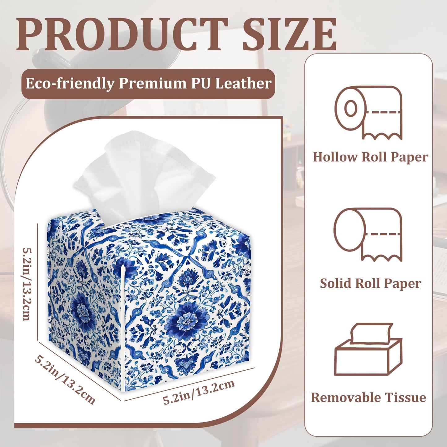 Blue White Ornament Tiles Tissue Box Cover Square Leather Tissue Case Holder Facial Paper Organizer Decorative for Tabletop Night Stands Desk Bathroom Kitchen Home Decor, 2Pack
