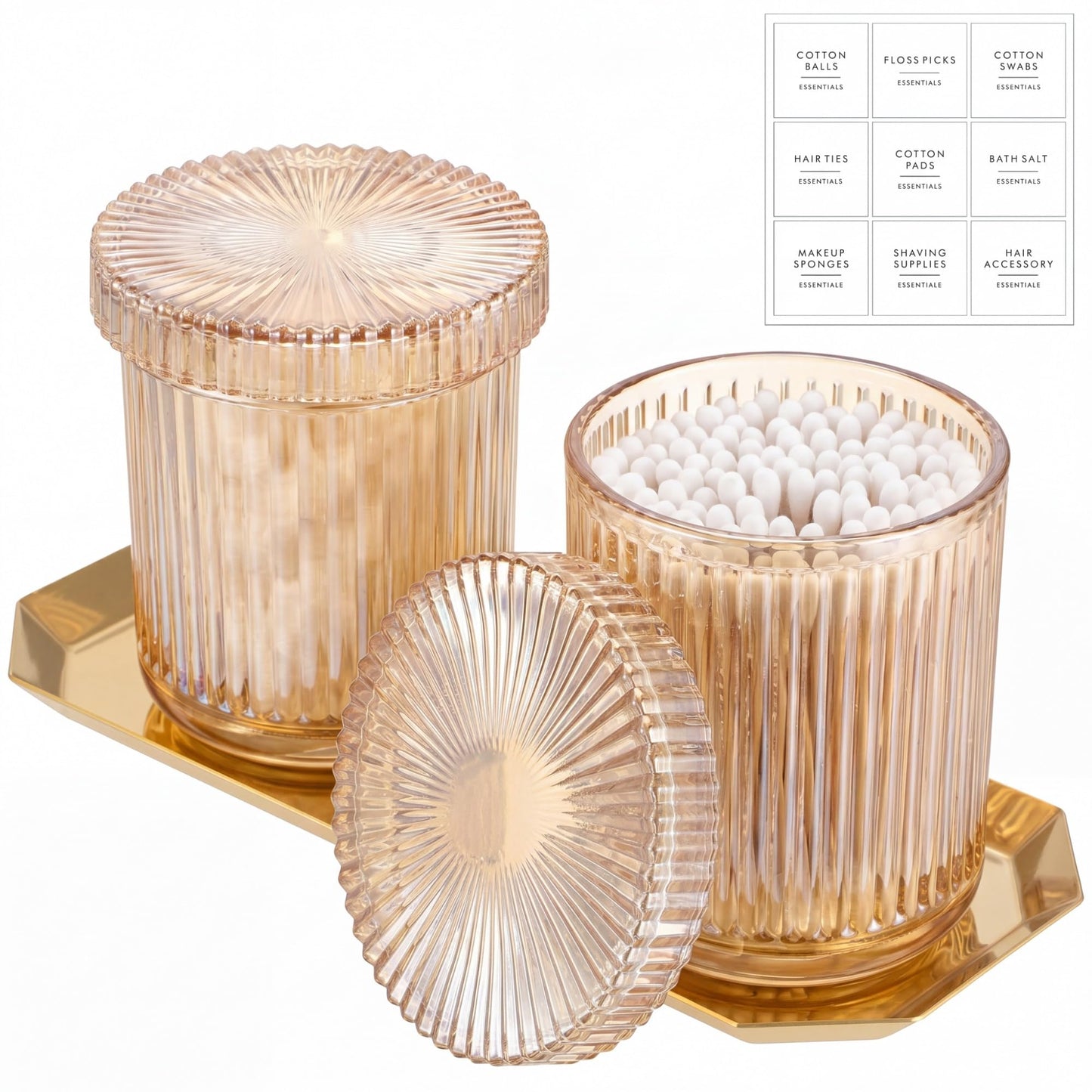 Yiyiring 2 Pcs Crystal Glass Candy Jars Set with Lids and Stainless Steel Vanity Tray, Q tip Holder, Apothecary Jars, Glass Bathroom Accessories Organizer, Esthetic Modern Bathroom Decor(Amber)