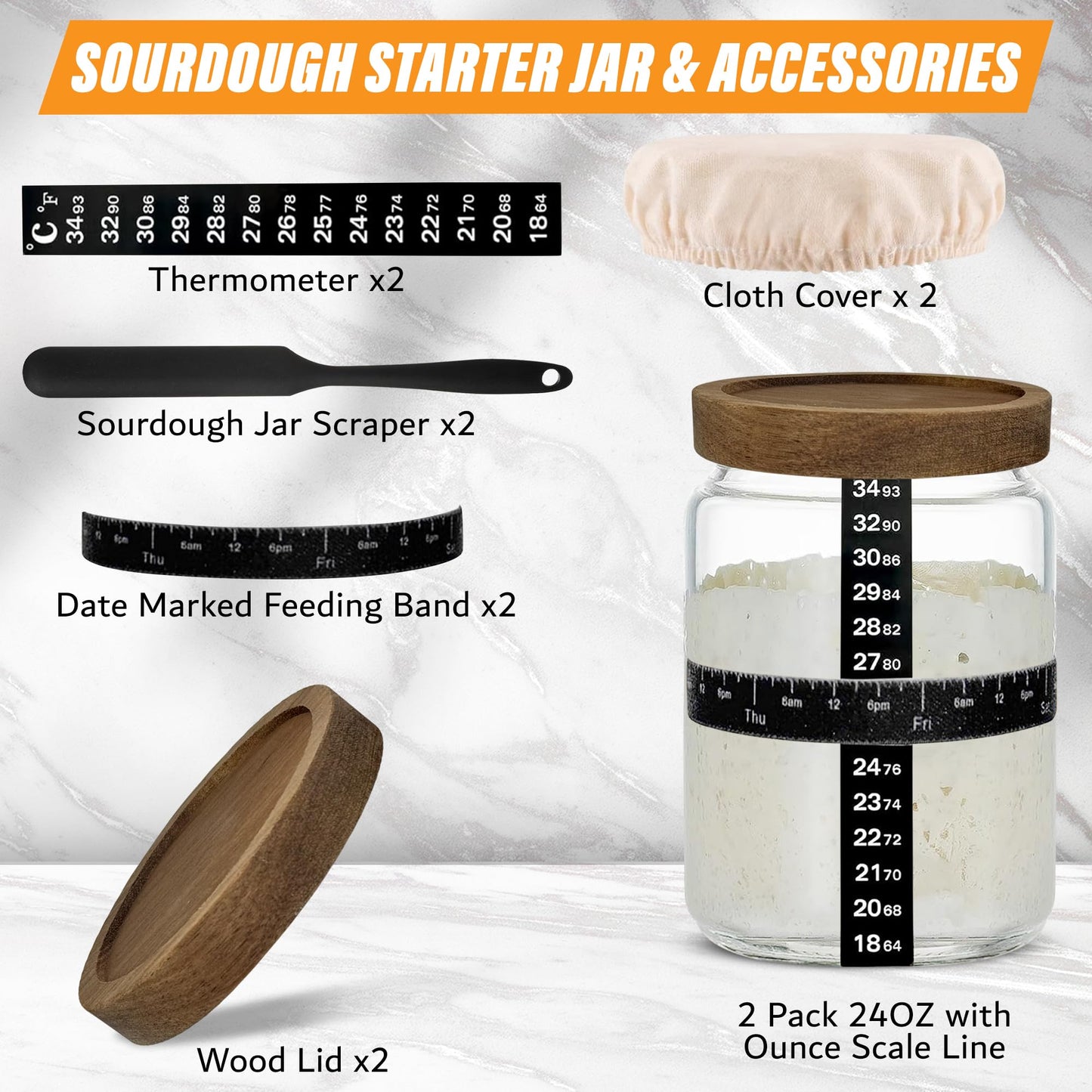 NAYYAB PRODUCTS Sourdough Starter Jar Kit Pack Of 2, 24oz Jar with Wooden lids, Ounce Scale Line, Silicon Scraper, Cloth Cover, Thermometer Sticker, Date Marked Feeding Band, Sourdough Jars