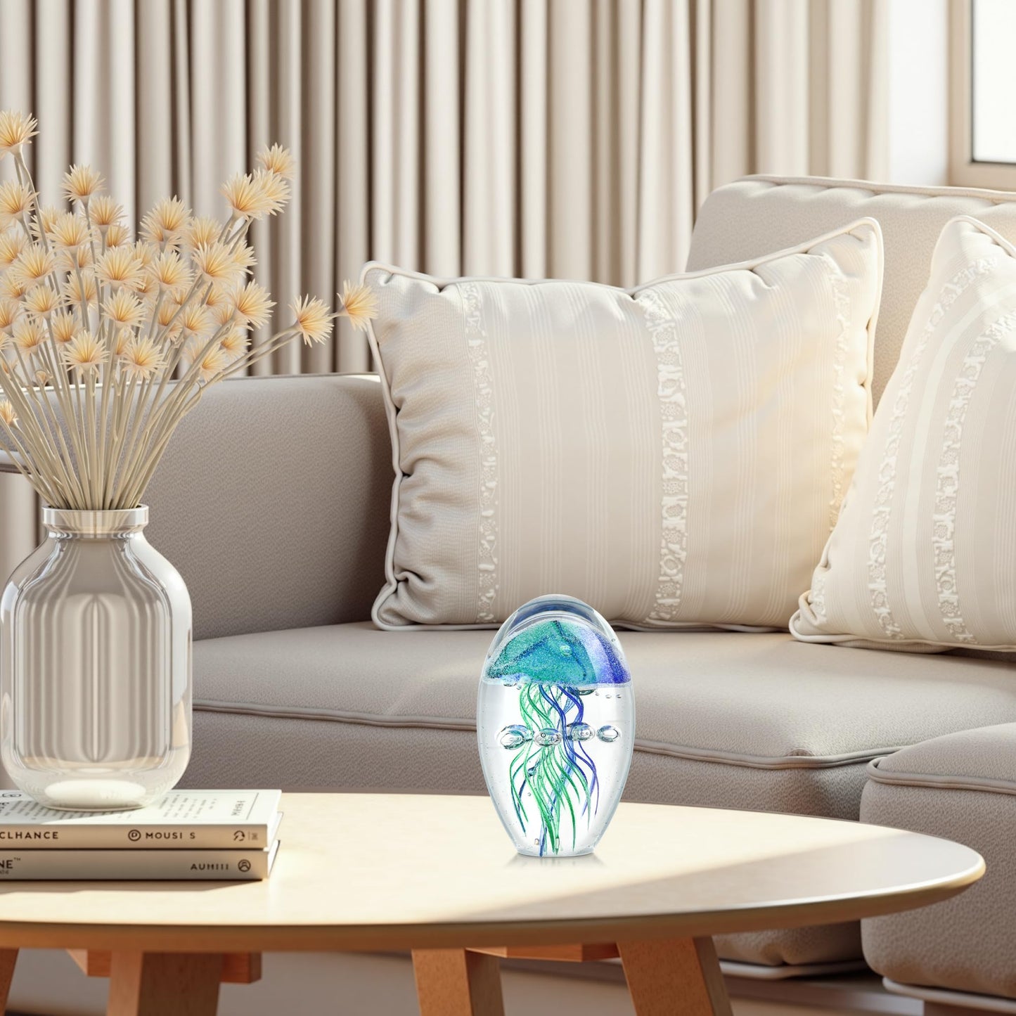 QFkris Hand Blown Glass Jellyfish Paperweight, 3.8" Jellyfish in Glass Decoration, Jelly Fish Figurine Art Decor, for Women