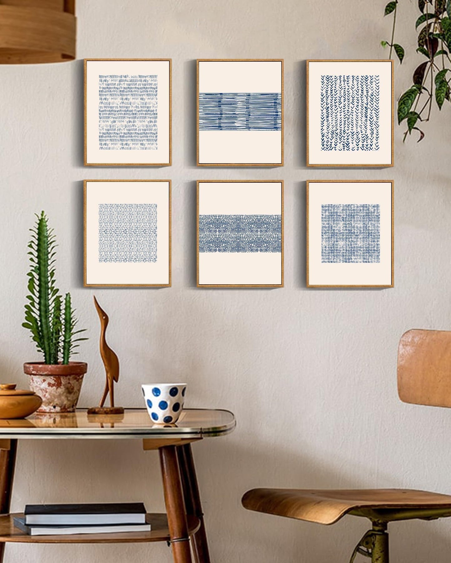 Drsoum Mid-century Boho Geometric Abstract Decor Blue White Grunge Minimalist Bohemian Wall Art Framed Canvas Prints 8"x 10"x 6pcs Natural Framed