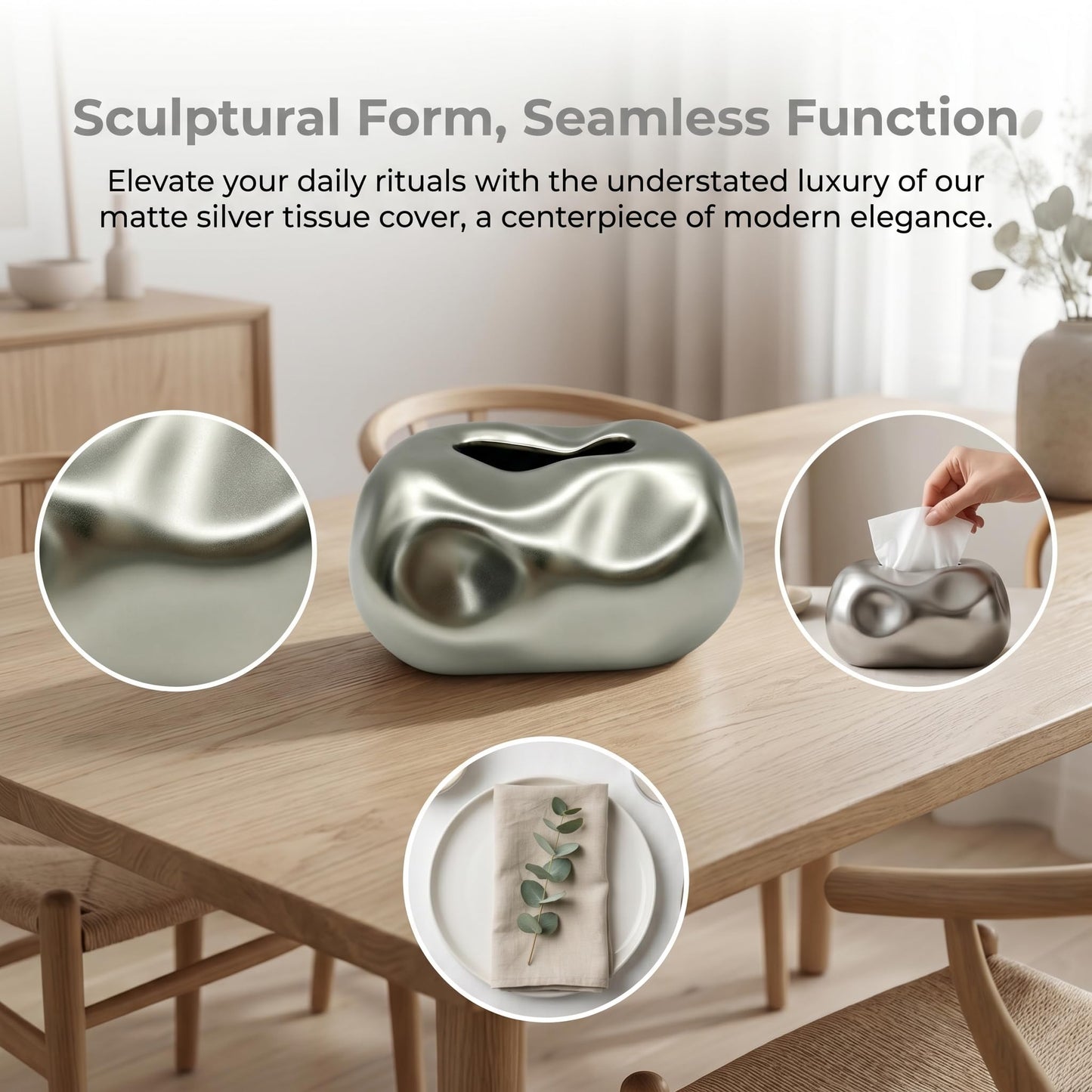 Ceramic Tissue Box Cover – Modern Decorative Tissue Holder, Farmhouse Style Home Decor for Bathroom, Bedroom, Living Room & Office (Silver)