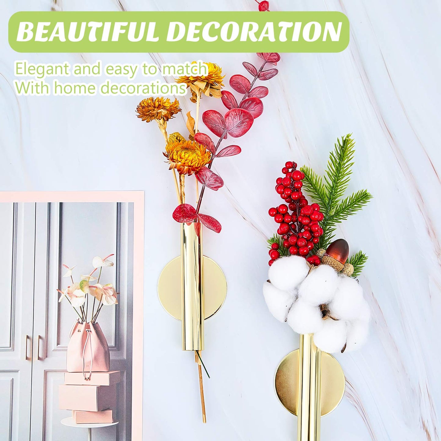 Jetec 3 Pcs Gold Metal Wall Vases Metal Hanging Plant Holder Wall Mounted Flower Vases Planter for Flowers Boho Hanging Tube for Display Home Decoration Art Decor