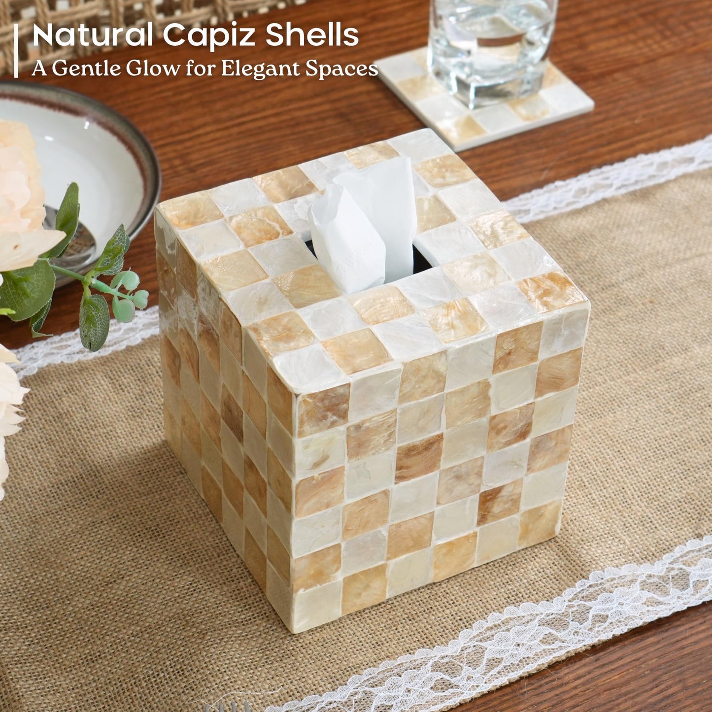 CHI AN HOME 5.5” Square Tissue Box Cover, Capiz Shells Cube Tissue Box Holder with Bottom Slider, Checkered Tissue Box Cover Mother of Pearl Decorative Tissue Holder for Bathroom Vanity, Office, Ivory