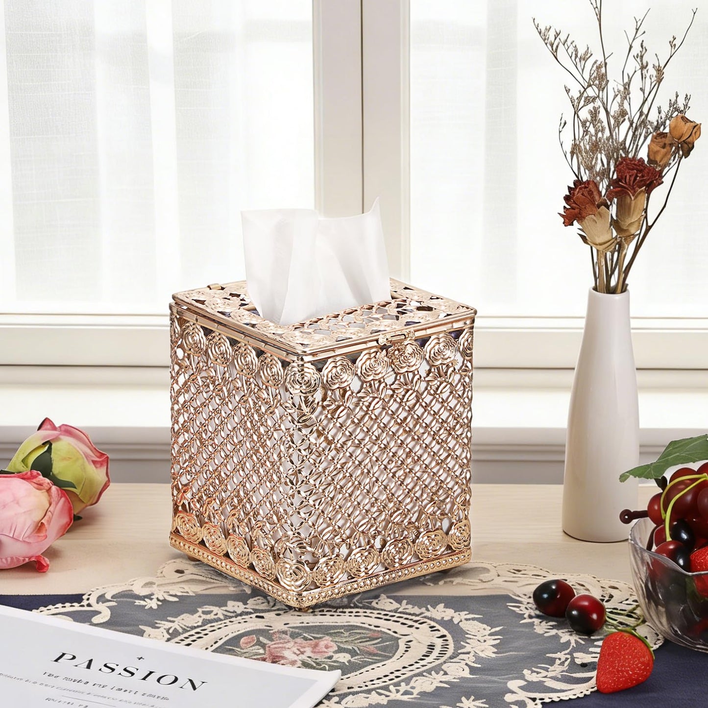 Sumnacon Tissue Box Cover Square, Metal Tissue Holder with Lid, Stylish Cube Tissue Covers, Decorative Rose Tissue Box Organizer for Bathroom Kitchen Table Desk Toilet Home Office, Gold