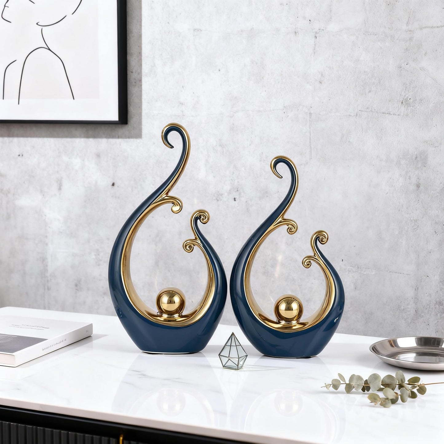 DOVDOV Blue and Gold Home Decor, Abstract Ceramic 2-Piece Sculpture Set, Modern mid-Century Art Statues, Perfect for Accent Tables, countertops, Coffee Tables, and entryway Decor.