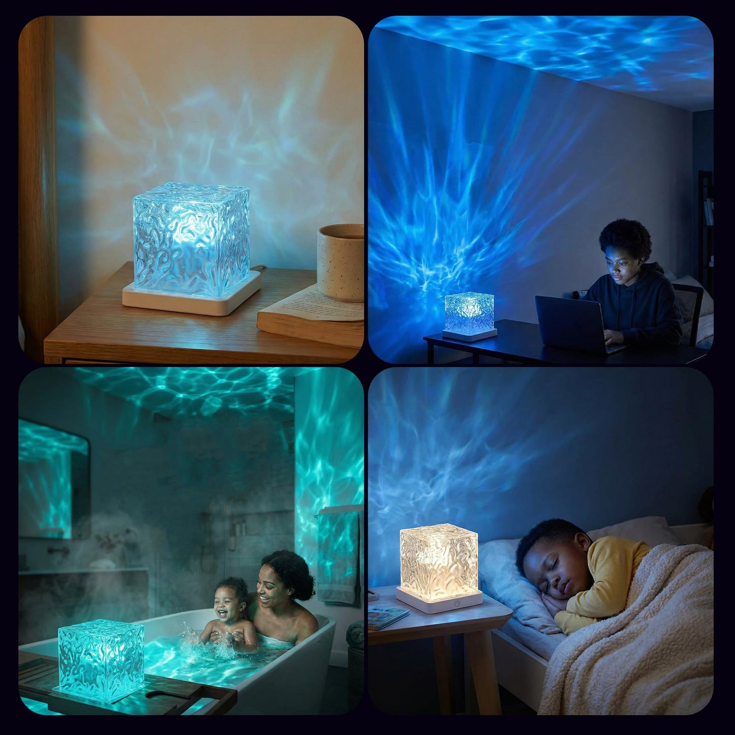 rerekiki Waterproof Shower Light for Inside Bathroom, Rechargeable Cube Shape Kids Shower Lamp, RGBW 13 Color Changing Bathtub Lamp with Remote Ocean Wave Projector Mood Night Lighting