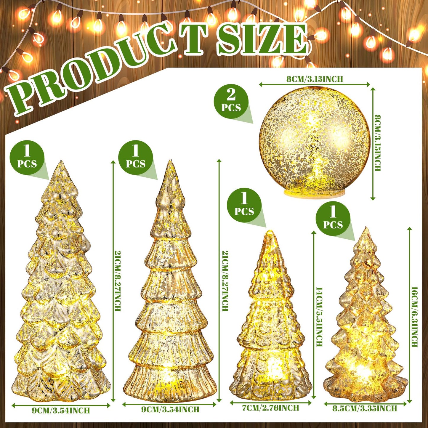Syhood 6 Pcs Gold Mercury Glass Christmas Tree for Tabletop Light up Figurine Christmas Tree Mercury Cracked Glass Globe with Light for Xmas Decor Home Party Centerpiece Mantel Gift