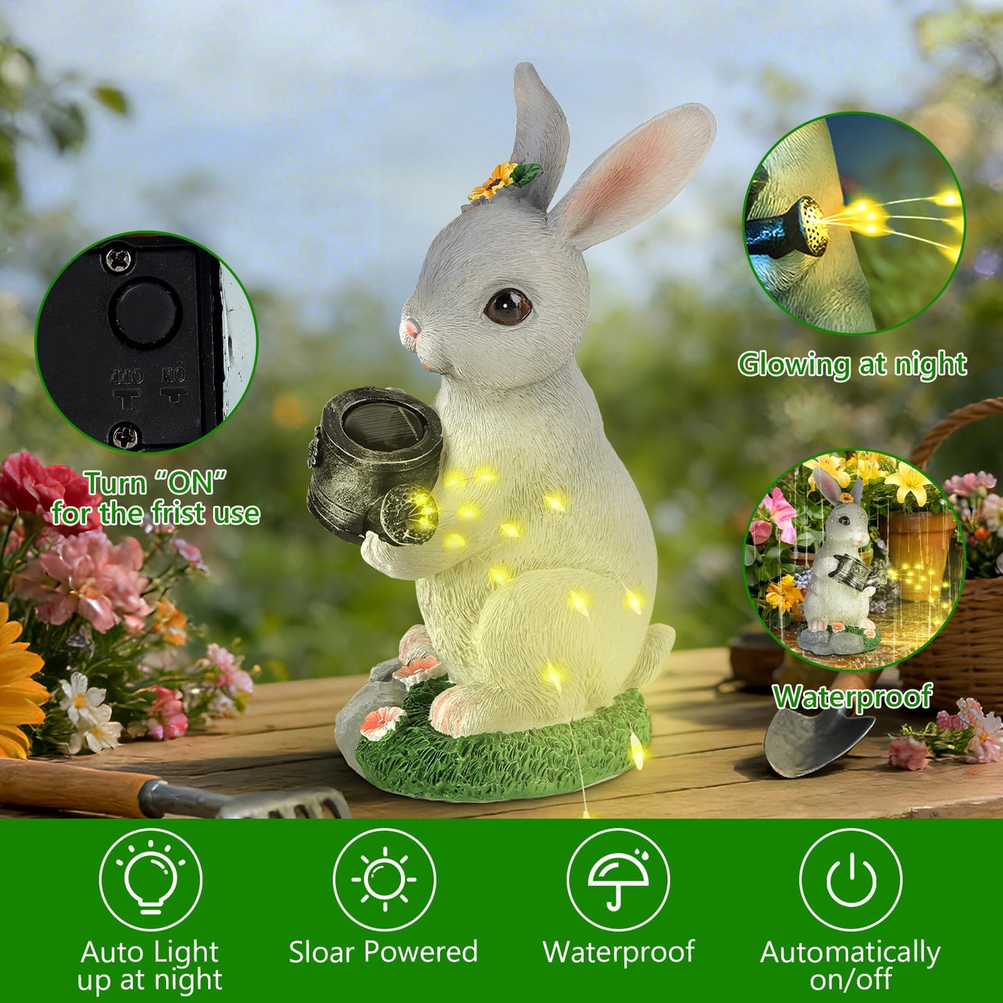 Foyucool Solar Garden Decor Watering Bunny Statues Outdoor, Outdoor Sculpture Figurine Statue Lights, Outdoor Garden Yard Lawn Patio Decoration, Unique House Warming Birthday Present for Women Family