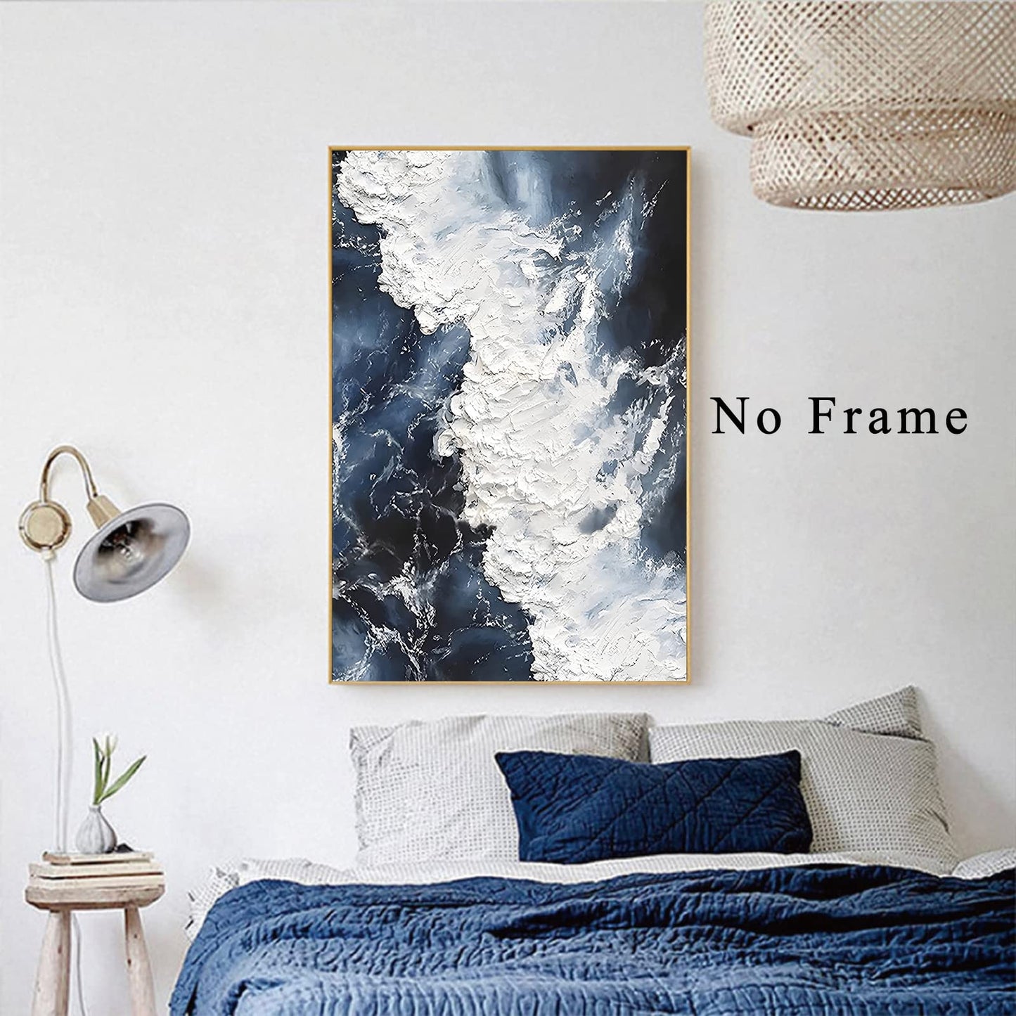 BACJUOPLDArt Abstract Ocean Canvas Wall Art Navy Blue And White Abstract Poster Blue Sea Ocean Wave Picture Modern Navy Blue Landscape Painting For Bedroom Wall Decor 16x24in No Frame