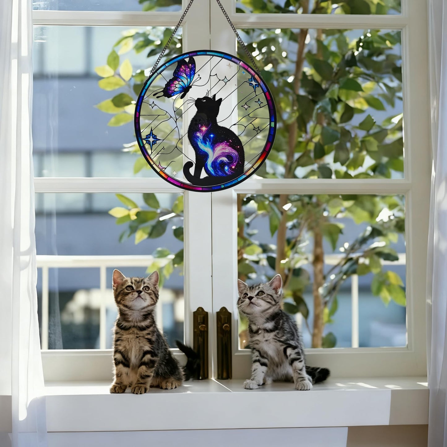 ZUSANG Black Cat Stained Glass Window Hanging, 9.8'' Black Cat & Butterfly with Nebula Design Suncatcher Indoor Outdoor Home Decor for Cats Lovers, Gift for Halloween