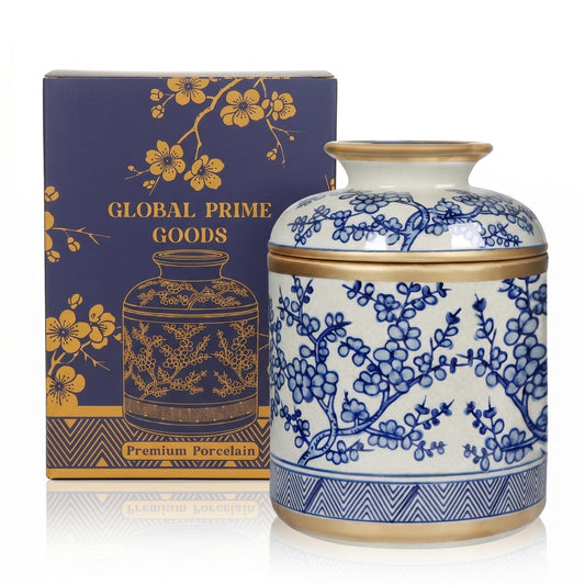 Tissue Vessel Round Ceramic with Lid - Handmade Blue and White Chinoiserie Ceramic Tissue Holder for Bathroom – Chinoiserie Decor Accent for Living Room, Bedroom, Office - Blue and White Porcelain