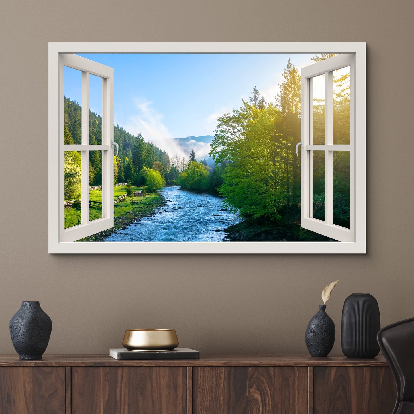wall26 Canvas Print Wall Art Window View River Rapids Bright Green Forest Trees Wilderness Nature Photography Realism Scenic Landscape Colorful Multicolor for Living Room, Bedroom, Office - 24"x36"