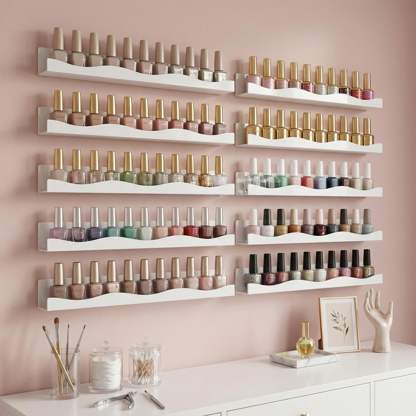 YMVV 15" Nail Polish Racks Wall Mounted Shelf,6 Pack White Acrylic Nail Polish Organizer Nail Supplies for Nail Techs,Great Display for Salons Retailers