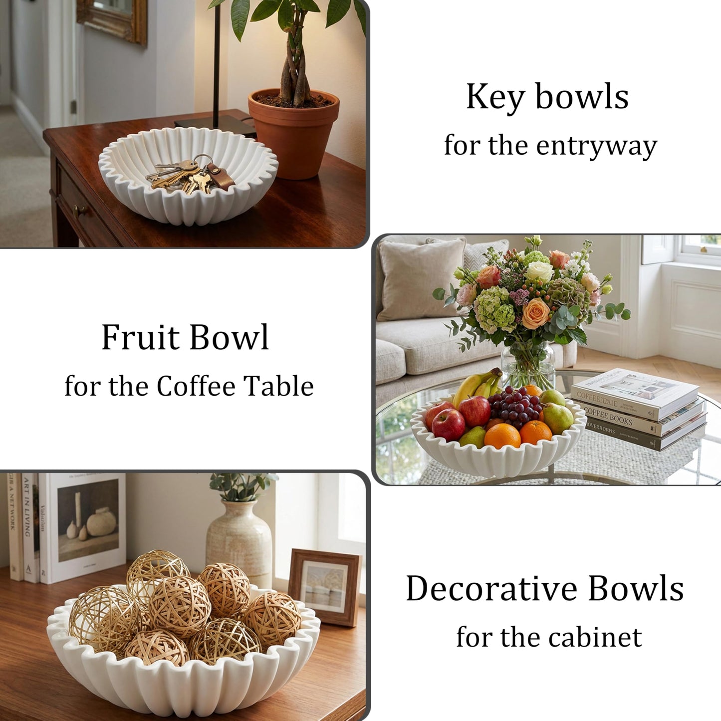 Firevigo Decorative Bowls for home decor, 7.9''×7.9''×2.76'' Medium model fruit bowl for kitchen counter, Scalloped key bowl for entryway table