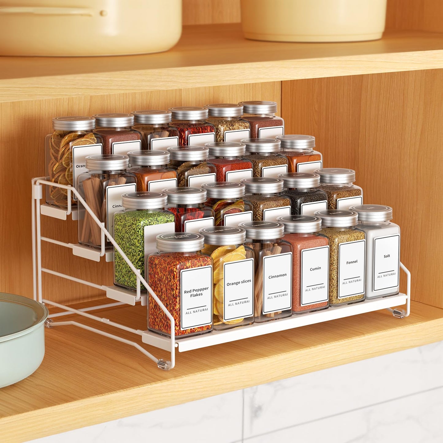 BOIVSHI Tiered Spice Rack, 4 Tier Spice Shelf Organizer for Cabinet, Spice Rack Organizer, Depth Adjustable Seasoning Rack Organizer for Cabinet, Countertop, Pantry, Metal, White (1 Pack)