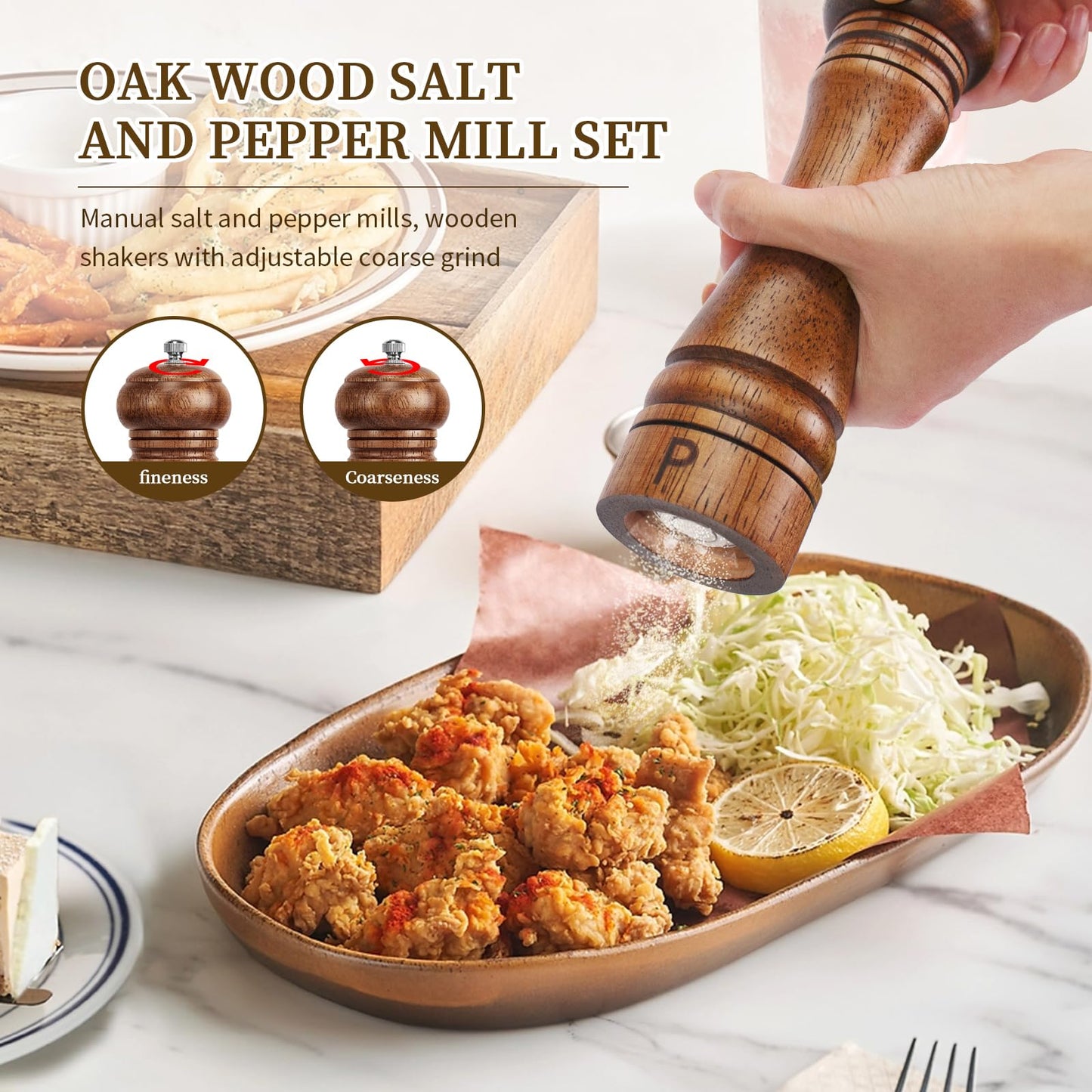Haomacro Wooden Salt and Pepper Grinder Set Refillable Salt & Pepper Mills Adjust for Coarseness, Crafted of Solid Oak Wood with Ceramic Stainless Steel Core, 8 Inches - 2 Packs