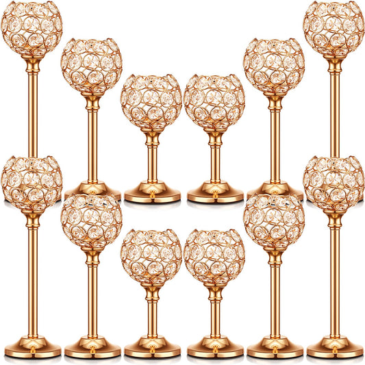 Mimorou 12 Pack Crystal Candle Holders Gold or Silver Candle Holders Bulk Tealight Candlestick Crystal Candelabras for Wedding Party Valentine Christmas Dining Table Centerpieces Decoration (Gold)