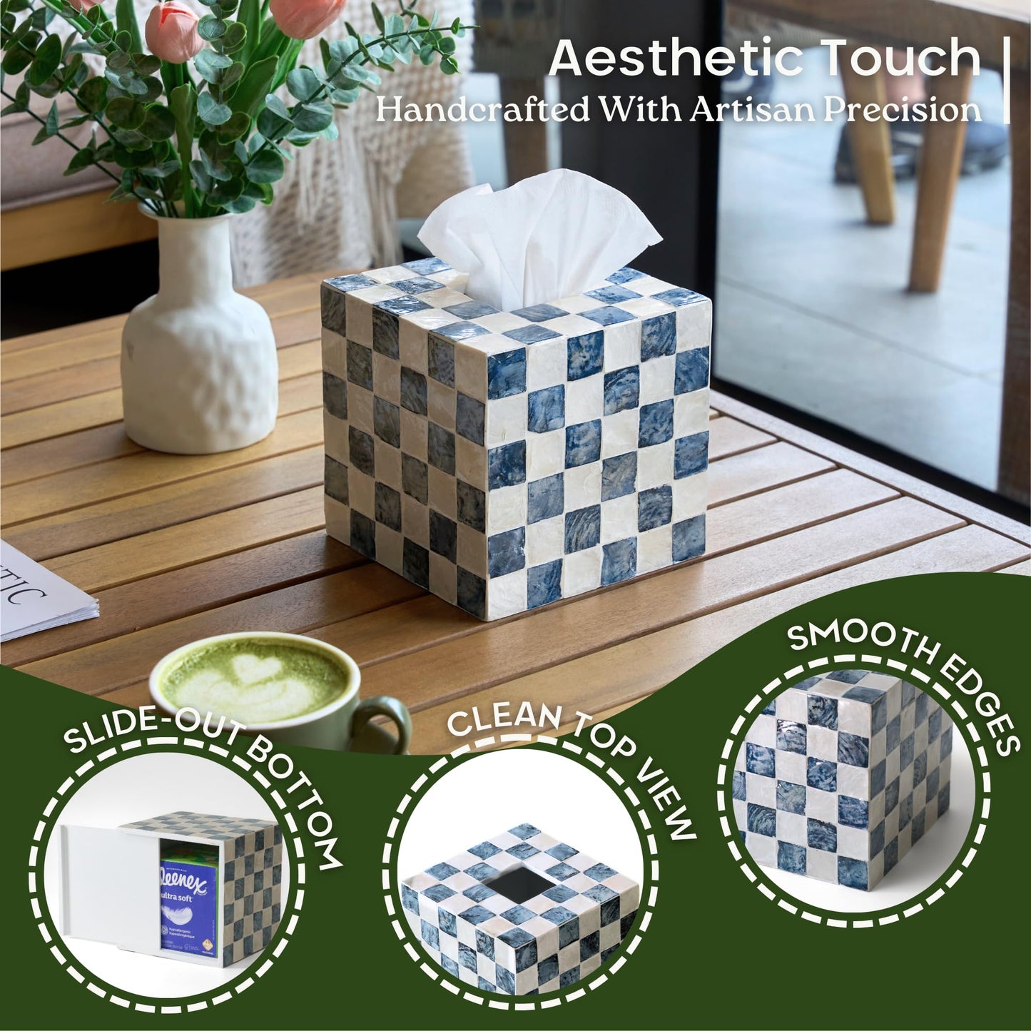 CHI AN HOME 5.5" Square Tissue Box Cover, Handmade Checkered Cube Tissue Box Cover with Capiz Shells, Decorative Mother of Pearl Tissue Holder for Living Room, Bathroom, Bedroom or Office (Navy Blue)