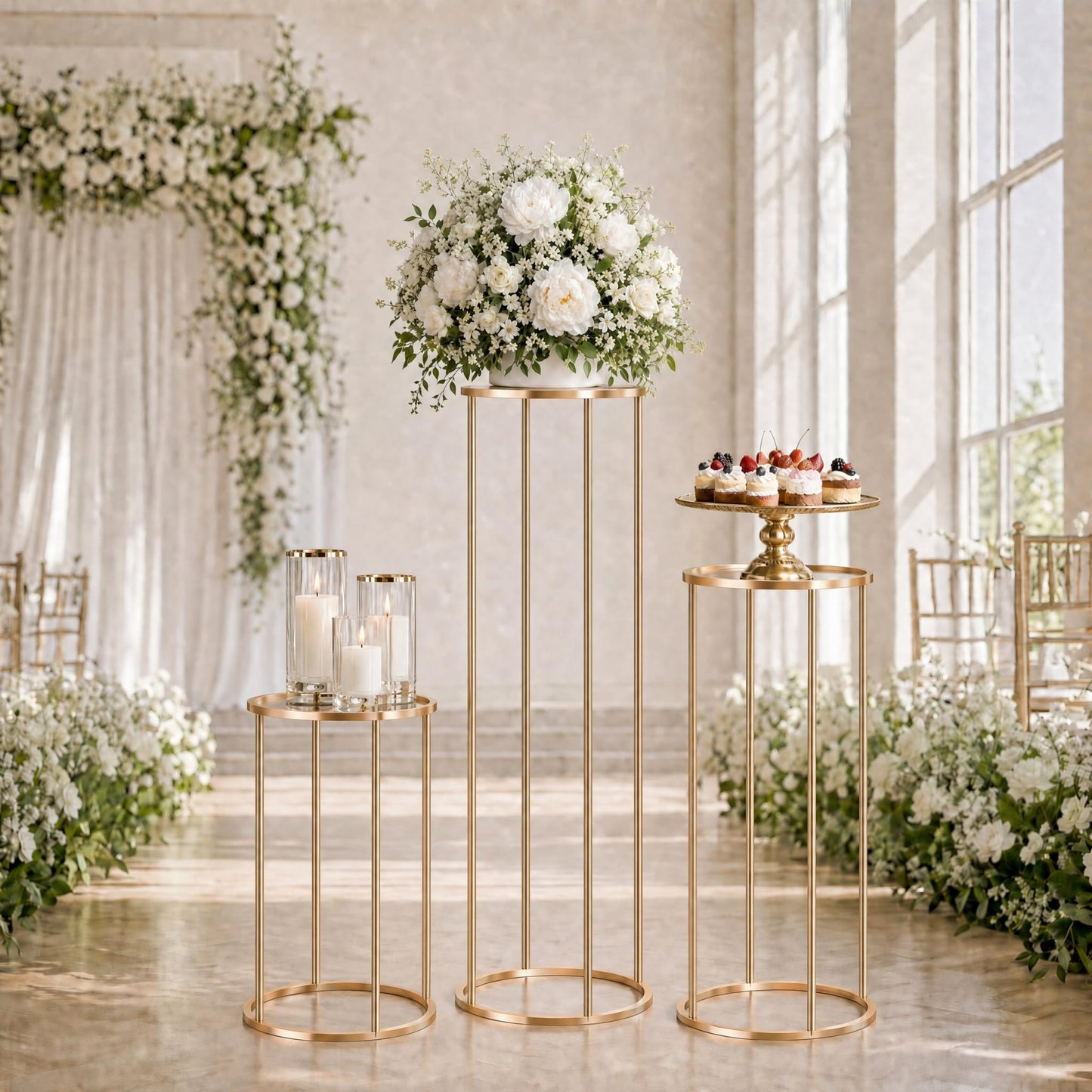 Hafyow 3PCS Round Cylinder Pedestal Stands Set, Gold Metal Display Columns with Removable Acrylic Tops, Sturdy Iron Nesting Risers for Wedding Party Dessert Table, Floral Vases and Event Decor (23.6", 31.5", 39.3" Heights)