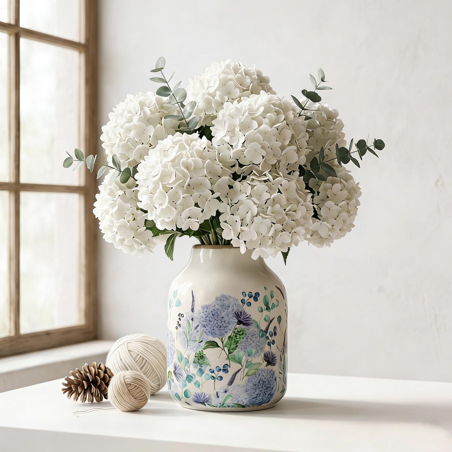 Nature Crafted Blue and Beige Vintage Ceramic Vase, 8 inch Blueberry Hydrangea Chinoiserie Floral Vase, Rustic Ceramic Large Vase for Home Table Bookshelf Kitchen Living Room Office Balcony