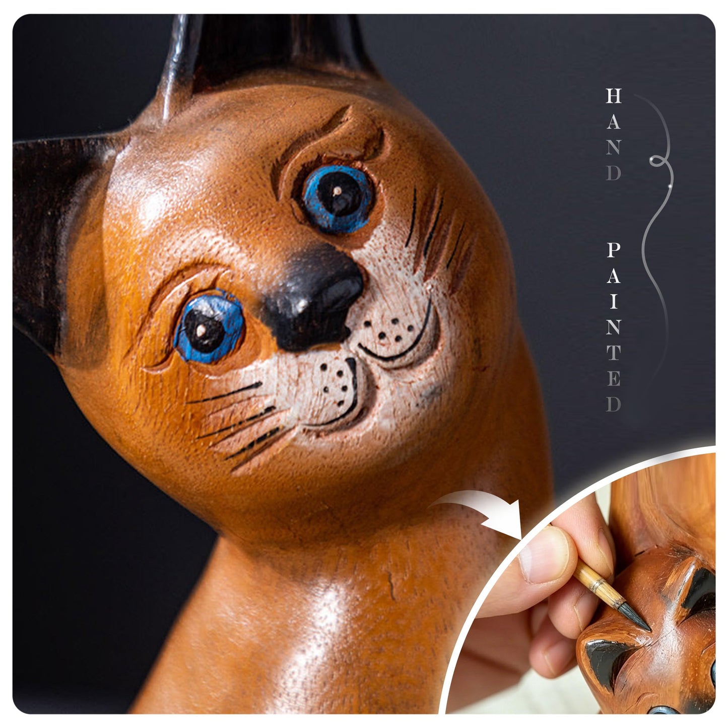 FENGSHUI-CAISHEN Top Wooden Cat Statue & Figurine, Kitten Decor, Kitty Sculpture, Cat Home Office Desk Decor