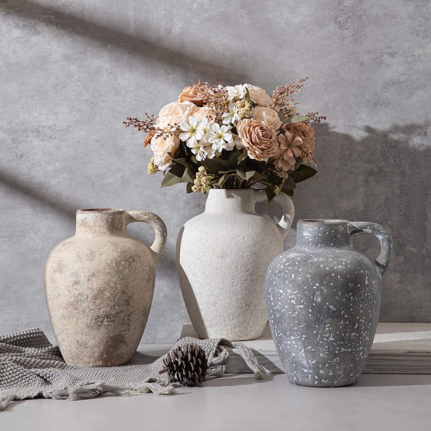 Ceramic Decorative Flower Vase with Handle, 8.85 Inch Pottery Rustic Farmhouse Vase for Home Decor, Living Room, Shelf Decor, Wedding, Housewarming Gift