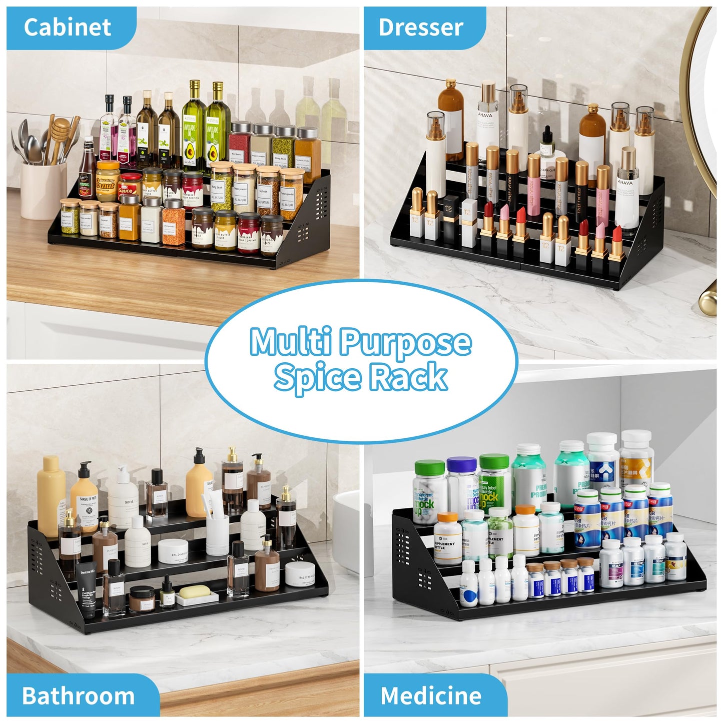 BOIVSHI Spice Organizer, Spice Rack for Expandable 3-Tier, Spice Organization for Cabinet Expandable Width and Adjustable Height, Seasoning Organizer for Cabinet, Countertop, Pantry, Black