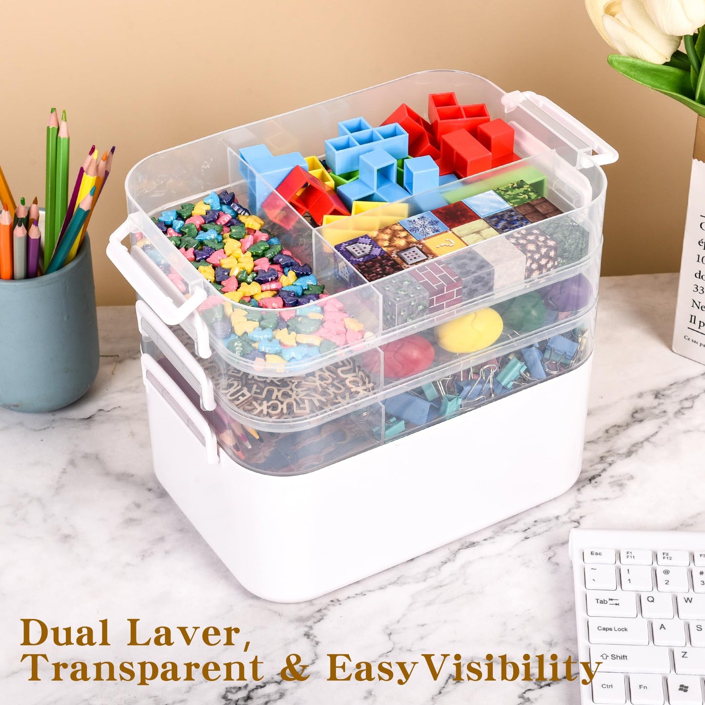 MERATIA 16 QT Art Supply Organizer Box with Handle, White 3-Tier Stackable Craft Storage Container with Removable Trays for Markers, Paints, Beads and Sewing Accessories 11.1''x10.83''x10.83''