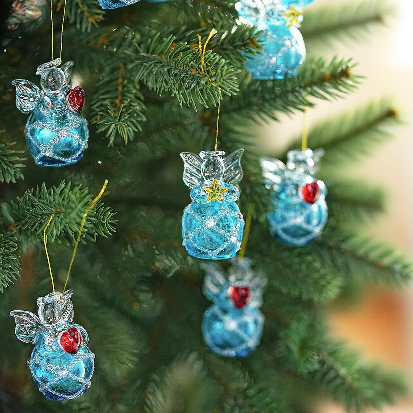 Mini Glass Angel Christmas Ornaments for Tree, Set of 12 1.6" Small Crystal Guardian Angel Ornament Bulk for Christmas Tree, 2025 Hand Blown Spun Glass Home Decor Xmas Gift (Blue)
